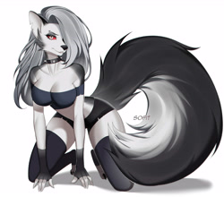 Size: 6830x6000 | Tagged: safe, artist:s0ft, loona (vivzmind), canine, fictional species, hellhound, mammal, anthro, digitigrade anthro, hazbin hotel, helluva boss, 2021, absurd resolution, big breasts, black nose, bottomwear, breasts, claws, cleavage, clothes, collar, colored sclera, ear fluff, ears, eyebrow piercing, eyebrows, eyelashes, eyeshadow, female, fingerless gloves, fluff, fur, gloves, gray body, gray fur, gray hair, hair, hair over one eye, kneeling, legwear, long hair, looking at you, makeup, multicolored fur, paws, piercing, red sclera, smiling, smiling at you, solo, solo female, spiked collar, tail, tail fluff, thick thighs, thigh highs, thighs, toeless legwear, topwear, torn clothes, torn ear, white body, white eyes, white fur
