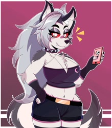 Size: 2800x3200 | Tagged: safe, artist:wirelessshiba, loona (vivzmind), canine, fictional species, hellhound, mammal, anthro, hazbin hotel, helluva boss, 2021, arm fluff, belly button, big breasts, black nose, blushing, bottomwear, breasts, cell phone, chest fluff, cleavage, clothes, collar, colored sclera, crop top, cropped shirt, ear fluff, ear piercing, earring, ears, eyebrows, eyelashes, eyeshadow, fangs, female, fingerless gloves, fluff, fur, gloves, gray body, gray fur, gray hair, hair, hand on hip, high res, legwear, looking at you, makeup, midriff, multicolored fur, phone, piercing, red sclera, sharp teeth, shorts, shoulder fluff, smartphone, solo, solo female, spiked collar, tail, tail fluff, teeth, thick thighs, thigh highs, thighs, topwear, torn ear, white body, white eyes, white fur