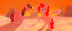 Size: 1753x773 | Tagged: safe, artist:thiscrispykat, pinkie pie (mlp), twilight sparkle (mlp), alicorn, equine, fictional species, mammal, pony, feral, an american tail, friendship is magic, hasbro, my little pony, sullivan bluth studios, 2018, alicornified, desert, duo, eyelashes, feathered wings, feathers, female, flying, horn, mare, pinkiecorn, race swap, reference, scene interpretation, scene parody, species swap, spread wings, sunset, tail, tired, wings, xk-class end-of-the-world scenario