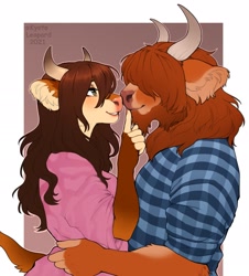 Size: 1877x2078 | Tagged: safe, artist:kyotoleopard, oc, oc only, oc x oc, bovid, cattle, cow, mammal, anthro, 2021, 2d, clothes, comic sans, commission, duo, female, hair, hand on hip, horns, looking at each other, male, male/female, shipping, shirt, tail, topwear