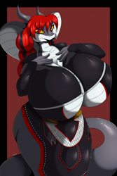 Size: 853x1280 | Tagged: suggestive, artist:suirano, oc, oc only, cobra, fictional species, reptile, snake, anthro, naga, 2021, big breasts, breasts, clothes, commission, digital art, ears, eyelashes, female, hair, horn, huge breasts, looking at you, scales, solo, solo female, tail, thighs, wide hips