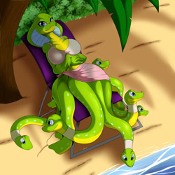 Size: 1280x1280 | Tagged: safe, artist:suirano, oc, oc only, oc:sylene, reptile, snake, anthro, feral, 2021, beach, bikini, breasts, chair, clothes, commission, digital art, eyelashes, female, looking at you, lying down, ocean, palm tree, plant, sand, sarong, scales, solo, solo female, sunbathing, swimsuit, tree, water, wide hips