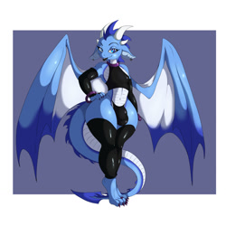 Size: 1280x1280 | Tagged: suggestive, artist:suirano, oc, oc only, dragon, fictional species, anthro, digitigrade anthro, 2020, belly button, bulge, clothes, commission, crossdressing, digital art, dragon wings, ear piercing, evening gloves, femboy, gloves, horn, legwear, long gloves, looking at you, male, panties, piercing, solo, solo male, spread wings, stockings, tail, thighs, underwear, wings
