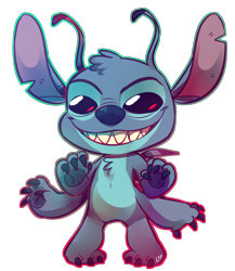 Size: 2000x2300 | Tagged: safe, artist:lemonteaflower, stitch (lilo & stitch), alien, experiment (lilo & stitch), fictional species, disney, lilo & stitch, 3 toes, 4 arms, 4 fingers, antennae, back spines, blue claws, blue eyes, blue paw pads, chest fluff, claws, digital art, dipstick antennae, ears, fluff, grin, head fluff, high res, male, multicolored antennae, narrowed eyes, open mouth, open smile, outline, short tail, signature, simple background, smiling, solo, solo male, tail, toe claws, tongue, tongue out, torn ear, transparent background