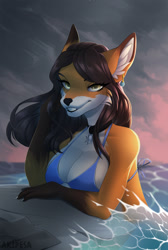 Size: 860x1280 | Tagged: safe, artist:akipesa, oc, oc only, canine, fox, mammal, anthro, bedroom eyes, bikini, bikini top, breasts, clothes, cloud, commission, digital art, ears, eyelashes, female, fur, hair, looking at you, ocean, pose, sky, smiling, smiling at you, solo, solo female, swimsuit, vixen, water, ych result