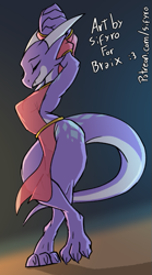 Size: 389x700 | Tagged: safe, artist:blitzdrachin, fictional species, kobold, reptile, anthro, arms above head, clothes, dress, female, horns, side slit, solo, solo female, tail, total sideslit