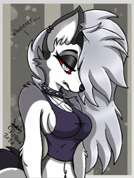 Size: 980x1300 | Tagged: safe, artist:joakaha, loona (vivzmind), canine, fictional species, hellhound, mammal, anthro, hazbin hotel, helluva boss, 2020, arm fluff, big breasts, black nose, breasts, clothes, collar, crop top, ear fluff, eyebrows, eyelashes, eyeshadow, female, fluff, fur, gray body, gray fur, gray hair, hair, hair over one eye, long hair, looking at you, makeup, midriff, multicolored fur, red eyes, shoulder fluff, solo, solo female, spiked collar, tail, tail fluff, tank top, tongue, topwear, white body, white eyes, white fur