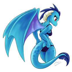 Size: 3626x3620 | Tagged: safe, artist:ambris, princess ember (mlp), dragon, fictional species, anthro, friendship is magic, hasbro, my little pony, 2016, blue body, blue hair, blue scales, bra, breasts, butt, clothes, dragoness, eyebrows, eyelashes, female, hair, high res, horns, panties, red eyes, scales, signature, simple background, solo, solo female, tail, thighs, two toned body, underwear, webbed wings, white background, wings