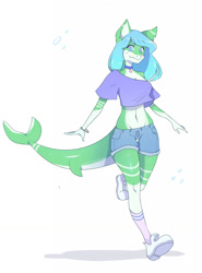 Size: 948x1280 | Tagged: safe, artist:catsoda, oc, oc only, fish, shark, anthro, plantigrade anthro, 2021, adorasexy, belly button, blue hair, bottomwear, choker, clothes, crop top, cropped shirt, cute, cute little fangs, fangs, female, fins, fish tail, gloves (arm marking), green body, hair, legs, midriff, off shoulder, pale belly, sexy, shark tail, shirt, shoes, short shorts, shorts, simple background, sneakers, socks, socks (leg marking), solo, solo female, tail, teeth, thick thighs, thigh gap, thighs, topwear, white background