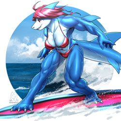 Size: 3000x3000 | Tagged: safe, artist:mykegreywolf, oc, oc only, oc:dorsa (razzberryboat), fish, shark, anthro, 2021, 4 toes, abs, absolute cleavage, barefoot, big breasts, bikini, blue body, breasts, cleavage, clothes, feet, female, fins, fish tail, hair, high res, muscles, muscular female, ocean, outdoors, pink hair, red hair, shark tail, solo, solo female, surfboard, surfing, swimsuit, tail, toes, water, wet