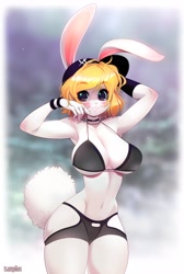 Size: 2759x4096 | Tagged: safe, artist:tsampikos, carrot (one piece), fictional species, lagomorph, mammal, mink tribe, rabbit, anthro, one piece, 2021, big breasts, bikini, black bikini, black bikini top, black swimsuit, blonde hair, blushing, breasts, cap, cleavage, clothes, eyebrow through hair, eyebrows, eyelashes, female, fluff, fur, hair, hat, high res, jewelry, long ears, looking at you, necklace, pink nose, short hair, short tail, smiling, smiling at you, solo, solo female, swimsuit, tail, tail fluff, teeth, thick thighs, thighs, white body, white fur