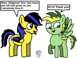 Size: 1942x1461 | Tagged: safe, artist:mrstheartist, oc, oc only, oc:didgeree, oc:ponyseb 2.0, equine, fictional species, mammal, pegasus, pony, feral, hasbro, my little pony, brother, brothers, didgeseb (brothers), duo, duo male, male, males only, siblings, speech bubble