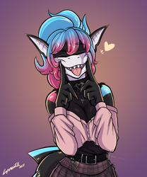 Size: 1000x1200 | Tagged: safe, alternate version, artist:lyorenth-the-dragon, oc, oc only, fish, shark, anthro, 2021, adorasexy, arm boob squeeze, belt, black body, bottomwear, breast squish, breasts, cleavage, clothes, cute, cyan hair, eyebrow through hair, eyebrows, eyes closed, female, gradient background, hair, heart, jewelry, looking at you, necklace, off shoulder, pointy ears, sexy, skirt, smiling, smiling at you, solo, solo female, tongue, tongue out, topwear, white body