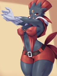 Size: 980x1307 | Tagged: suggestive, alternate version, artist:mleonheart, fictional species, weavile, anthro, nintendo, pokémon, 2021, armpits, belly button, black nose, blushing, bottomwear, breasts, christmas, clothes, digital art, dress, ears, eyelashes, female, fur, hair, holiday, looking at you, nipple outline, open mouth, pose, shorts, smiling, smiling at you, solo, solo female, tail, textless version, thighs, tongue, wide hips