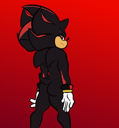 Size: 908x979 | Tagged: suggestive, artist:zack, shadow the hedgehog (sonic), hedgehog, mammal, anthro, sega, sonic the hedgehog (series), butt, clothes, gloves, gradient background, lidded eyes, looking at you, looking back, looking back at you, male, nudity, quills, rear view, red eyes, solo, solo male, tail