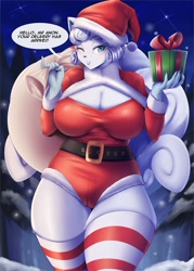 Size: 980x1372 | Tagged: suggestive, artist:mleonheart, alolan vulpix, fictional species, vulpix, anthro, nintendo, pokémon, 2020, big breasts, black nose, blushing, breasts, christmas, christmas gift, clothes, costume, dialogue, digital art, ears, eyelashes, female, fur, hat, holiday, legwear, looking at you, night, one eye closed, pose, sack, santa costume, santa hat, sky, snow, solo, solo female, speech bubble, stockings, talking, talking to viewer, text, thighs, wide hips