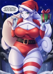 Size: 980x1372 | Tagged: suggestive, alternate version, artist:mleonheart, alolan vulpix, fictional species, vulpix, anthro, nintendo, pokémon, 2020, big breasts, black nose, blushing, breasts, christmas, christmas gift, clothes, costume, dialogue, digital art, ears, eyelashes, female, fur, hat, holiday, legwear, looking at you, night, pose, sack, santa costume, santa hat, sky, snow, solo, solo female, speech bubble, stockings, talking, talking to viewer, text, thighs, wide hips