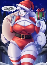 Size: 980x1372 | Tagged: suggestive, alternate version, artist:mleonheart, alolan vulpix, fictional species, vulpix, anthro, nintendo, pokémon, 2020, bedroom eyes, big breasts, black nose, blushing, breasts, christmas, christmas gift, clothes, costume, dialogue, digital art, ears, eyelashes, female, fur, hat, holiday, legwear, looking at you, night, pose, sack, santa costume, santa hat, sky, snow, solo, solo female, speech bubble, stockings, talking, talking to viewer, text, thighs, wide hips