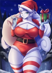 Size: 980x1372 | Tagged: suggestive, alternate version, artist:mleonheart, alolan vulpix, fictional species, vulpix, anthro, nintendo, pokémon, 2020, big breasts, black nose, blushing, breasts, christmas, christmas gift, clothes, costume, digital art, ears, eyelashes, female, fur, hat, holiday, legwear, looking at you, night, one eye closed, pose, sack, santa costume, santa hat, sky, snow, solo, solo female, stockings, textless version, thighs, wide hips