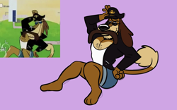 Size: 1600x1000 | Tagged: safe, artist:zack, dukey (johnny test), canine, dog, mammal, anthro, plantigrade anthro, johnny test, biker, biker jacket, bottomwear, clothes, eyebrows, fake moustache, hand on hip, hat, looking at you, male, posing, raised eyebrow, shorts, sitting, smiling, solo, solo male, tail