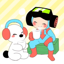 Size: 680x680 | Tagged: safe, artist:rai_8ya, airboarder (rhythm heaven), barista (rhythm heaven), canine, dog, fictional species, halfling, mammal, feral, humanoid, nintendo, rhythm heaven, abstract background, blocks, blushing, coffee, coffee mug, drink, duo, duo male, eyes closed, goggles, goggles on head, headphones, holding object, male, males only, sitting, tail