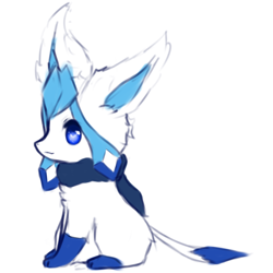 Size: 2000x2000 | Tagged: safe, artist:snoiifoxxo, oc, oc only, eeveelution, fictional species, glaceon, mammal, feral, nintendo, pokémon, ambiguous gender, chest fluff, ear fluff, fluff, high res, side view, simple background, sitting, solo, solo ambiguous, tail, white background