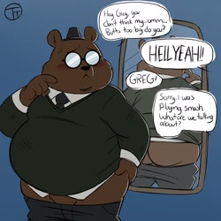 Size: 2048x2048 | Tagged: safe, artist:trashtoonz, angus delaney (nitw), bear, mammal, anthro, night in the woods, blushing, butt, clothes, fat, glasses, hat, high res, male, mirror, necktie, obese, offscreen character, pants, pants pulled down, round glasses
