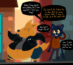 Size: 2548x2261 | Tagged: suggestive, artist:chowderyoshi, gregg lee (nitw), canine, fox, mammal, anthro, night in the woods, fangs, fat, high res, male, obese, sharp teeth, sweat, teeth, weight gain
