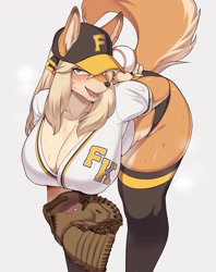 Size: 4685x5925 | Tagged: suggestive, artist:cervina7, oc, oc only, oc:faeki (character), canine, fox, mammal, anthro, 2021, absurd resolution, baseball, baseball (ball), baseball cap, baseball glove, bent over, big breasts, big butt, black nose, blue eyes, blushing, bottomwear, breasts, butt, cap, cleavage, clothes, cream body, cream fur, cream hair, ear fluff, eyelashes, fangs, female, fluff, fur, hair, hat, huge breasts, long hair, looking at you, multicolored fur, open mouth, open smile, panties, sharp teeth, shirt, shorts, smiling, smiling at you, socks, solo, solo female, sweat, tail, tail fluff, teeth, thick thighs, thighs, tongue, topwear, two toned body, two toned fur, underwear, vixen