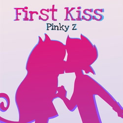 Size: 719x720 | Tagged: safe, official art, luvboy (teen-z), pinky (teen-z), animal humanoid, cat, elf, feline, fictional species, mammal, humanoid, teen-z, bottomwear, clothes, cover art, cute, duo, female, kissing, male, male/female, pinkboy (teen-z), pinky-z, shipping, shirt, silhouette, skirt, topwear