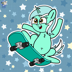 Size: 2000x2000 | Tagged: safe, artist:mrstheartist, lyra heartstrings (mlp), equine, fictional species, mammal, pony, unicorn, feral, friendship is magic, hasbro, my little pony, abstract background, female, high res, mare, open mouth, skateboard, skateboarding, solo, solo female