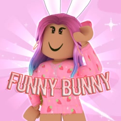 Size: 900x900 | Tagged: safe, artist:funnybunny, oc, oc only, oc:funnybunny, animal humanoid, fictional species, lagomorph, mammal, rabbit, humanoid, roblox, youtube, berry, bow, bunny ears, clothes, ear piercing, earring, female, food, fruit, hair, jewelry, necklace, piercing, pink hair, shirt, solo, solo female, strawberry, topwear