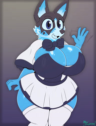 Size: 2600x3400 | Tagged: safe, artist:miso_souperstar, oc, oc only, oc:azuli (miso souperstar), canine, corgi, dog, mammal, anthro, 2019, adorasexy, black nose, blue body, blue eyes, bottomwear, breasts, clothes, corset, cute, cute little fangs, eyelashes, fangs, female, high res, huge breasts, legwear, looking at you, necktie, ocbetes, open mouth, open smile, sexy, skirt, smiling, smiling at you, solo, solo female, stockings, teeth, thick thighs, thighs, tongue, waving