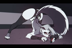 Size: 2000x1352 | Tagged: suggestive, artist:dash_shepard, loona (vivzmind), canine, fictional species, hellhound, mammal, anthro, digitigrade anthro, hazbin hotel, helluva boss, 2021, arm fluff, big butt, black border, black nose, blushing, border, bottomwear, breasts, butt, cell phone, claws, clothes, colored sclera, ear fluff, ears, eyebrow piercing, eyebrows, eyelashes, eyeshadow, face down ass up, female, fingerless gloves, fluff, fur, gloves, gray body, gray fur, gray hair, hair, indoors, jack-o' crouch pose, legwear, long hair, makeup, meme, multicolored fur, partial nudity, paws, phone, piercing, red eyes, red sclera, shoulder fluff, smartphone, solo, solo female, tail, tail fluff, thigh highs, thighs, toeless legwear, topless, torn clothes, torn ear, white body, white eyes, white fur