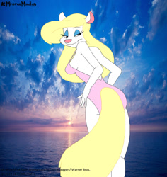 Size: 1280x1354 | Tagged: safe, artist:cottoncattailtoony, minerva mink (animaniacs), mammal, mink, mustelid, anthro, animaniacs, warner brothers, beach, breasts, clothes, female, solo, solo female, sunset, swimsuit