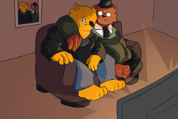 Size: 3000x2000 | Tagged: safe, artist:chestersgame, angus delaney (nitw), gregg lee (nitw), bear, canine, fox, mammal, anthro, night in the woods, height change, high res, male, weight gain