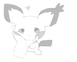 Size: 1123x908 | Tagged: safe, artist:paperclip, fictional species, mammal, pichu, rodent, feral, nintendo, pokémon, ambiguous gender, disembodied hand, duo, duo ambiguous, grayscale, hand on face, heart, love heart, monochrome, simple background, smiling, solo focus, tail, white background