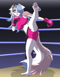Size: 674x866 | Tagged: suggestive, artist:desingahv, oc, oc only, canine, dog, mammal, anthro, digitigrade anthro, 2021, belly button, black nose, blushing, bottomwear, boxing, boxing gloves, boxing ring, breasts, butt, cameltoe, clothes, commission, digital art, ear fluff, ears, eyelashes, female, fluff, fur, gloves, hair, kick boxing, looking at you, one eye closed, open mouth, shorts, solo, solo female, sports bra, sports shorts, tail, thighs, topwear, underass, wide hips, ych result