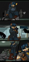 Size: 2110x4493 | Tagged: safe, artist:droll3, carmelita fox (sly cooper), canine, fictional species, fox, mammal, procyonid, raccoon, undead, zombie, anthro, capcom, resident evil, sly cooper (series), 2020, black nose, boots, bottomwear, breasts, clothes, comic, dialogue, digital art, ears, eyelashes, female, fingerless gloves, fur, gloves, gun, hair, handgun, hat, male, night, open mouth, pants, rain, shirt, shoes, tail, talking, text, thighs, tongue, topwear, vixen, weapon, wide hips