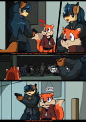 Size: 1404x1999 | Tagged: safe, artist:droll3, carmelita fox (sly cooper), conker the squirrel (conker), canine, fictional species, fox, mammal, procyonid, raccoon, rodent, squirrel, undead, zombie, anthro, capcom, conker (series), rareware, resident evil, sly cooper (series), 2020, black nose, boots, bottomwear, breasts, buckteeth, clothes, comic, dialogue, digital art, ears, eyelashes, female, fingerless gloves, fur, gloves, gun, hair, handgun, hat, male, night, open mouth, pants, rain, shirt, shoes, tail, talking, teeth, text, thighs, tongue, topwear, vixen, weapon, wide hips