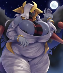 Size: 980x1120 | Tagged: suggestive, alternate version, artist:mleonheart, fictional species, giratina, legendary pokémon, anthro, nintendo, pokémon, 2020, areola, areola slip, big breasts, breast squish, breasts, cameltoe, clothes, cloud, costume, digital art, eyelashes, female, halloween, halloween costume, holiday, looking at you, moon, mummy, night, one eye closed, open mouth, sky, slightly chubby, solo, solo female, tail, thighs, tongue, wide hips