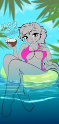Size: 1112x2340 | Tagged: suggestive, artist:jerraldina, equine, human, mammal, pony, anthro, clothes, coconut, drink, female, inflatable ring, ocean, sexy, summer, swimsuit, water, ych