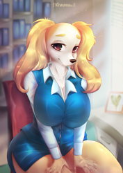 Size: 992x1403 | Tagged: safe, artist:kiwanoni, inui (aggretsuko), canine, mammal, anthro, aggretsuko, sanrio, spoiler, spoiler:aggretsuko s3, bedroom eyes, big breasts, blonde hair, breasts, cleavage, curvy, curvy figure, cute, female, hair, office, outfit, seductive, seductive look, seductive pose, sexy, smiling, smirk, solo, solo female, thick thighs, thighs