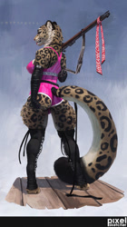 Size: 837x1500 | Tagged: suggestive, artist:pixelsketcher, oc, oc:vesna, big cat, feline, leopard, mammal, anthro, 2019, arm warmers, blue eyes, breasts, bulge, butt, clothes, ears, fur, gun, herm, intersex, latex, leg warmers, legwear, looking at you, looking back, looking back at you, m-1888, nipple outline, paws, pinup, russian text, simple background, solo, solo herm, spotted fur, standing, tail, tan body, tan fur, text, toeless legwear, tongue, tongue out, weapon
