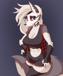 Size: 1900x2300 | Tagged: safe, artist:cooliehigh, loona (vivzmind), canine, fictional species, hellhound, mammal, anthro, hazbin hotel, helluva boss, 2021, arm fluff, big breasts, black nose, blushing, bottomwear, breasts, cleavage, clothes, collar, colored sclera, crop top, ear piercing, earring, ears, eyebrows, eyelashes, eyeshadow, female, fingerless gloves, fluff, fur, gloves, gray body, gray fur, hair, hand on hip, legwear, long hair, looking at you, makeup, multicolored fur, piercing, red sclera, shorts, shoulder fluff, smiling, smiling at you, solo, solo female, spiked collar, tail, thick thighs, thigh highs, thighs, topwear, torn clothes, vest, white body, white eyes, white fur, white hair