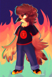Size: 543x801 | Tagged: safe, artist:pigeorgien, oc, oc only, oc:marseille, bird, woodpecker, anthro, abstract background, beak, clothes, feathers, female, fire, fluff, hair, jeans, neck fluff, orange eyes, pants, shirt, sneakers, solo, solo female, t-shirt, tail, topwear, winged arms