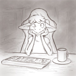 Size: 1600x1611 | Tagged: safe, artist:karintina, fictional species, yinglet, the out-of-placers, coffee mug, computer keyboard, floppy ears, monochrome, solo, traditional art