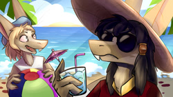 Size: 960x540 | Tagged: safe, artist:karintina, kassen akoll (out-of-placers), lopin (out-of-placers), fictional species, yinglet, the out-of-placers, ball, beach ball, clothes, glasses, hat, sunglasses