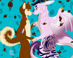 Size: 1280x1024 | Tagged: safe, artist:iscafox, oc, oc only, angel, canine, dog, dragon, fictional species, mammal, anthro, abstract background, autumn, commission, digital art, fluff, fur, fursona, leaf, shipping, wings