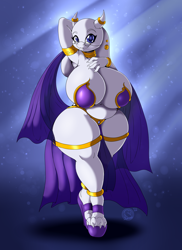Size: 1280x1760 | Tagged: suggestive, artist:suirano, toriel (undertale), bovid, goat, mammal, anthro, undertale, 2021, belly dancer outfit, breasts, claws, cleavage, clothes, ear piercing, ears, eyebrows, eyelashes, female, fur, glasses, high heels, horns, huge breasts, jewelry, looking at you, mature, mature female, paws, piercing, purple eyes, redraw, shoes, smiling, smiling at you, solo, solo female, thick thighs, thighs, voluptuous, white body, white fur, wide hips